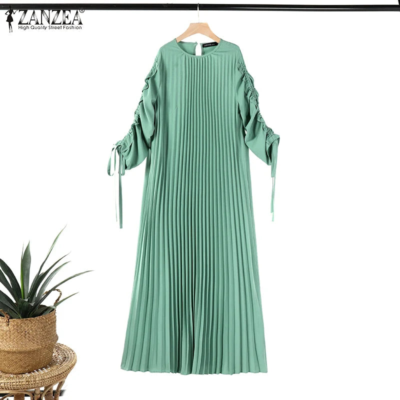 Muslim Hijab Dresses Abaya ZANZEA Spring Maxi Sundress Women Fashion Long Sleeve Pleated Party Dress IsIamic Clothing Robe Femme.