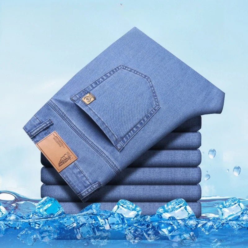 Men's Ice Silk Jeans Summer New Lyocell Thin Business Casual Denim Pants Classic All Match Slim Fit Straight Elastic Jean Male.