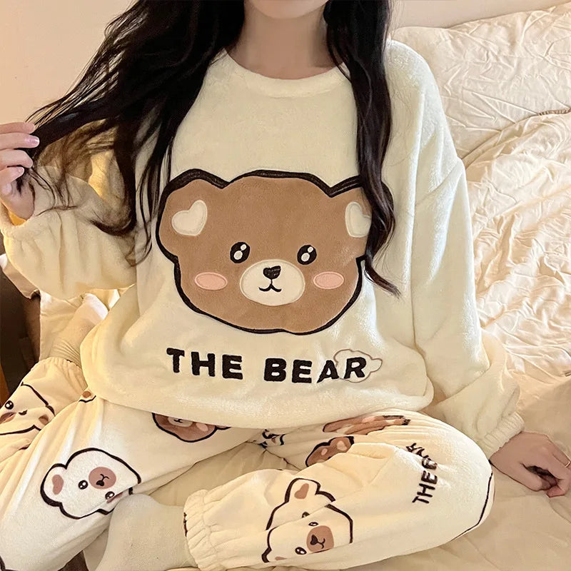 Thickened Warm Sleepwear for Winter Cartoon Flannel Pajamas Homewear Women Velvet Coral Velvet Cartoon Bear Nightwear Loungewear.