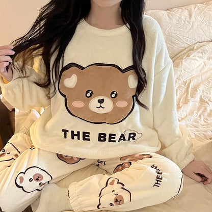 Thickened Warm Sleepwear for Winter Cartoon Flannel Pajamas Homewear Women Velvet Coral Velvet Cartoon Bear Nightwear Loungewear.