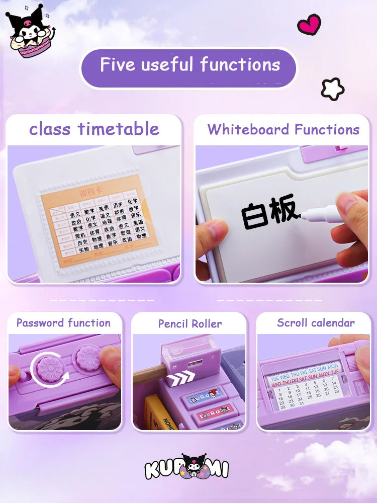 Kuromi Melody Multifunktionales automatisches Stiftetui mit Zahlenschloss, Stifttasche, großes Fassungsvermögen, Schreibwarenbox, Desktop-Aufbewahrung.