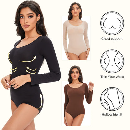 POKARLA Spandex Elastic Body Suit Shapewear Women Body Shaper Tummy Control Long Sleeve Open Crotch Round Neck Seamless Shapers.