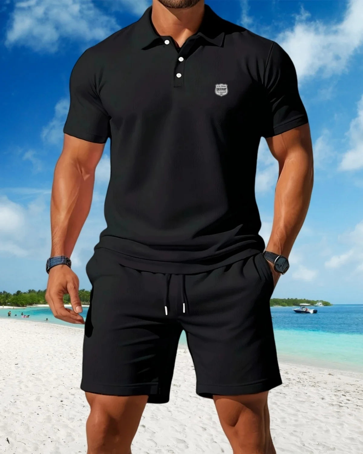 2025 Men's casual sports mesh set, summer T-shirt fashionable, comfortable and breathable lapel beach two-piece set