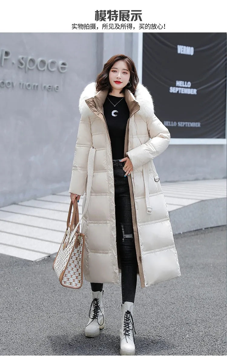 2024 neue Winter frauen Gepolsterte Jacken Mid-länge Modische Mit Kapuze Große Pelz Kragen Lose Dicke Unten Baumwolle Oberbekleidung damen