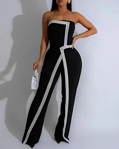 Elegant Colorblock Patchwork Asymmetrical Bandeau Sleeveless Slim Fit Jumpsuit Women Button Decor Overall for Lady Office.