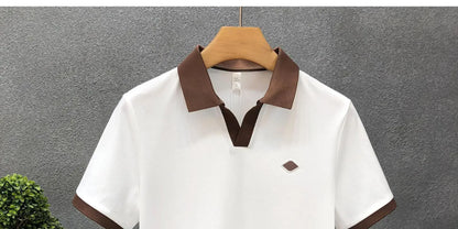 Men's Casual Polo Shirt Collared Short Sleeve Pique Cotton Breathable V-Neck Color Block Half Sleeve Summer Loose Top