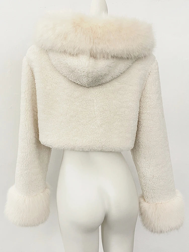 OFTBUY Lammwolle Weibliche Herbst Warme Dicke Faux Pelz Jacke Künstliche Winter Kleidung Frauen Mit Kapuze Kurze Pelzmantel Umweltfreundliche.