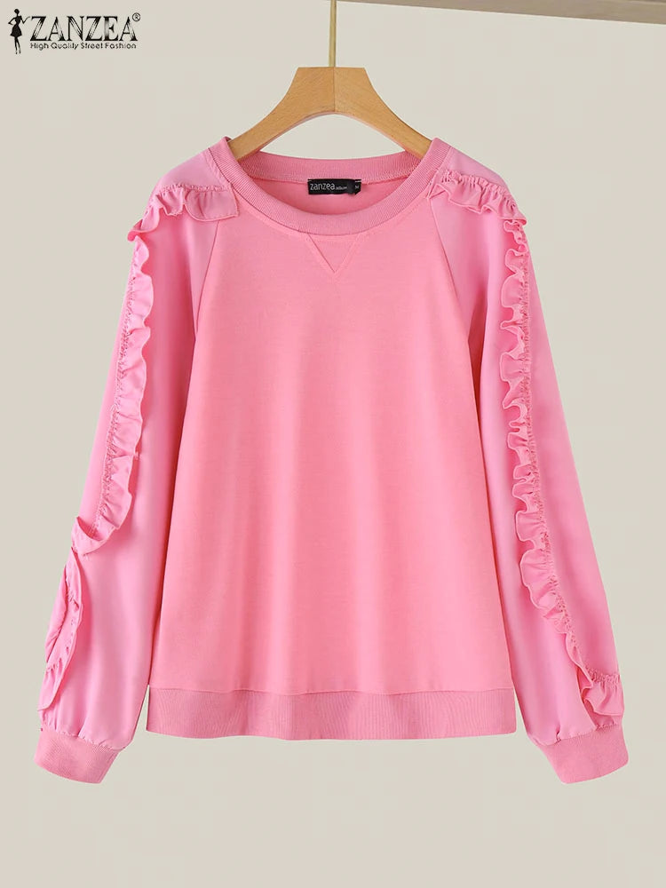 ZANZEA Plus Größe Frauen Solide Sweatshirts Herbst Rüschen Nähte Tops Vintage Oansatz Lässige Mode Lange Puff Sleeve Pullover.