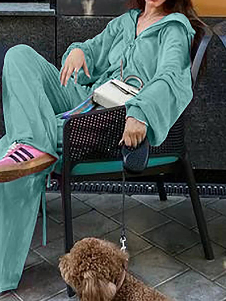 Women Autumn Hooded Coat Two Pieces Sets, Solid Patchwork Wide Leg Pants Chic Outfit, New Long Sleeve Casual Simple Ladies Suits.