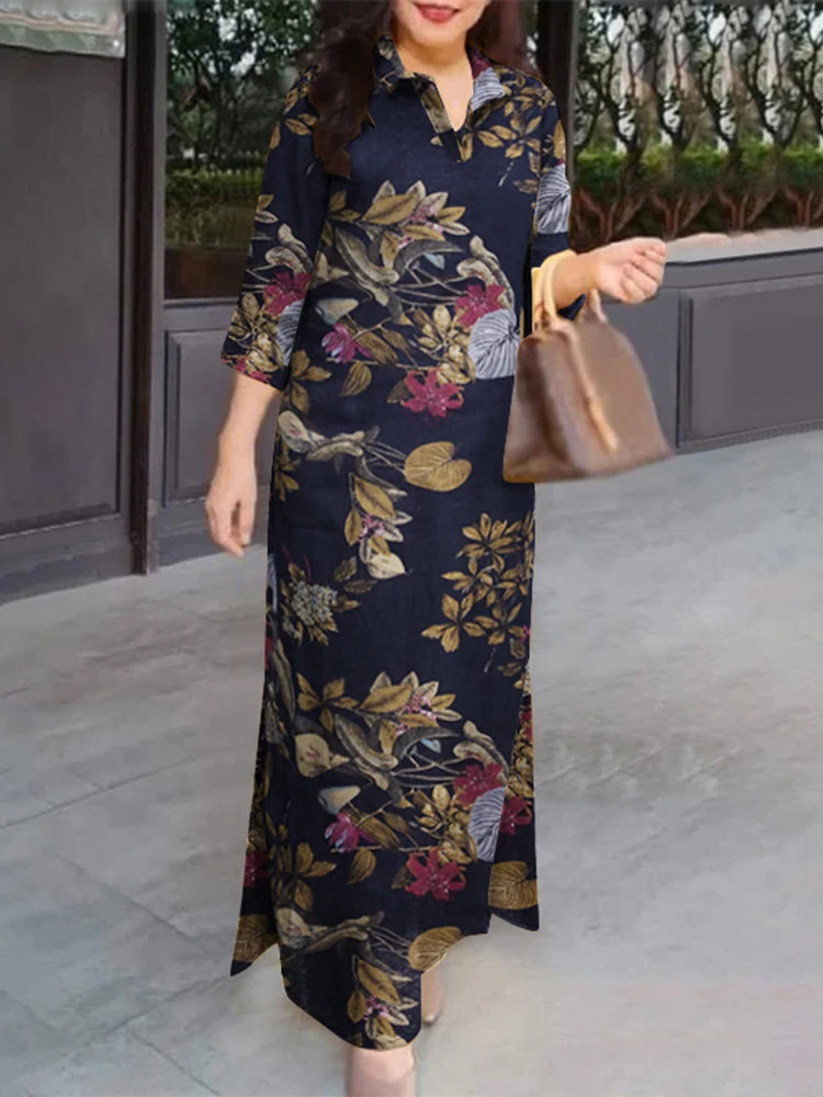 ZANZEA Women 3/4 Sleeve Long Dresses Fall 2024 Fashion Lapel Neck Cotton Shirtdress Vintage Floral Print Maxi Shirt Dress New In.