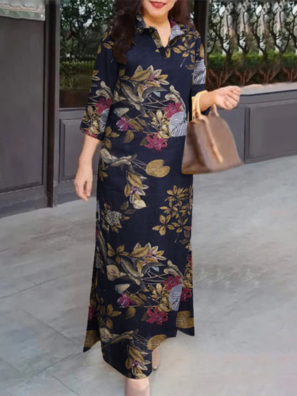 ZANZEA Women 3/4 Sleeve Long Dresses Fall 2024 Fashion Lapel Neck Cotton Shirtdress Vintage Floral Print Maxi Shirt Dress New In.