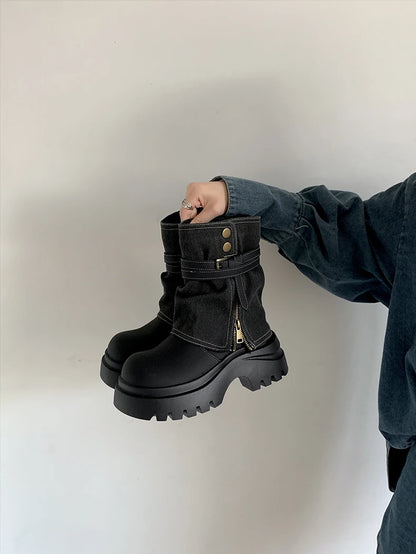 Winter Punk Style Women Ankle Boots Fashion Belt Buckle Shoes Ladies Concise Chunky Platform Heel Short Booties Zapatos De Mujer.