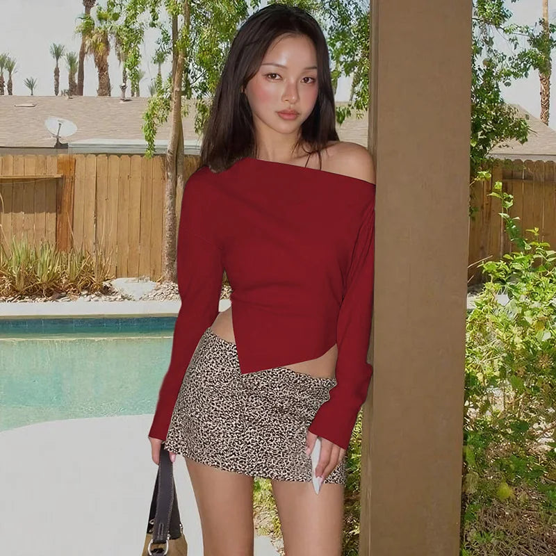 Women Casual Top Fashion Slim Slit Long Sleeve Pullover Top Sexy Strapless Pleated New Party Looks Top Female Streetwear