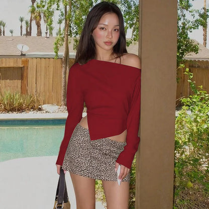 Women Casual Top Fashion Slim Slit Long Sleeve Pullover Top Sexy Strapless Pleated New Party Looks Top Female Streetwear