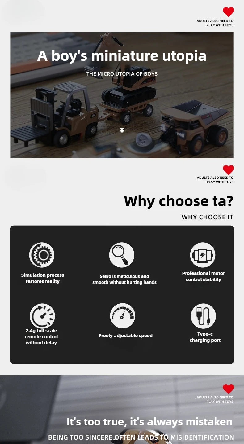 RC Car 1/64 Full Scale Mini RC Engineering Vehicle Desktop Electric Remote Control Excavator Dump Truck Forklift Model Toy Gift.