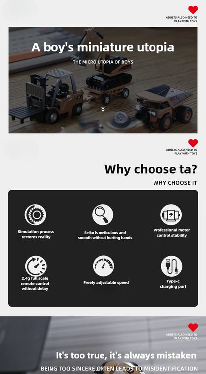 RC Car 1/64 Full Scale Mini RC Engineering Vehicle Desktop Electric Remote Control Excavator Dump Truck Forklift Model Toy Gift.