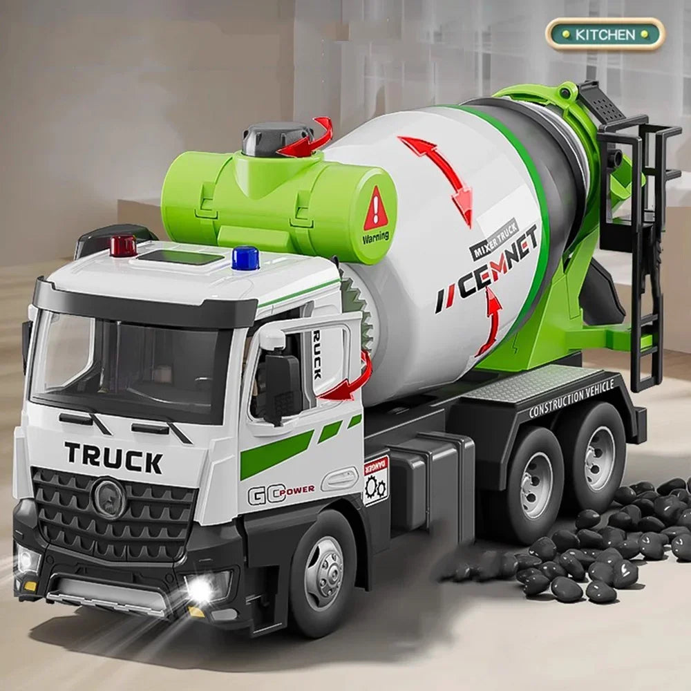 1/24 Electric Mixer Truck Toys Model Car Alloy Diecast Engineering Vehicles Doors Opened Sound Light Pull Back Toy Gift for Kids.