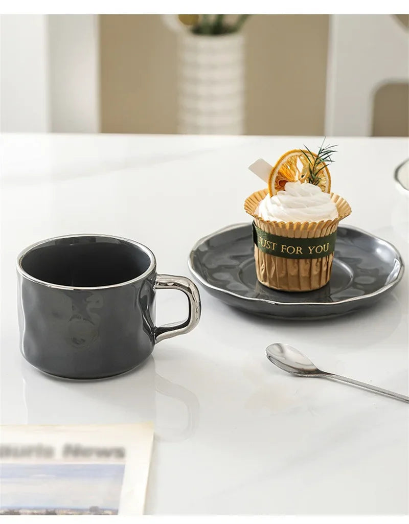 230ml European Style Coffee Cup with Saucer and spoon Ceramic mug Solid Color Tea Cup and Saucer Set Afternoon Tea Milk Cup.