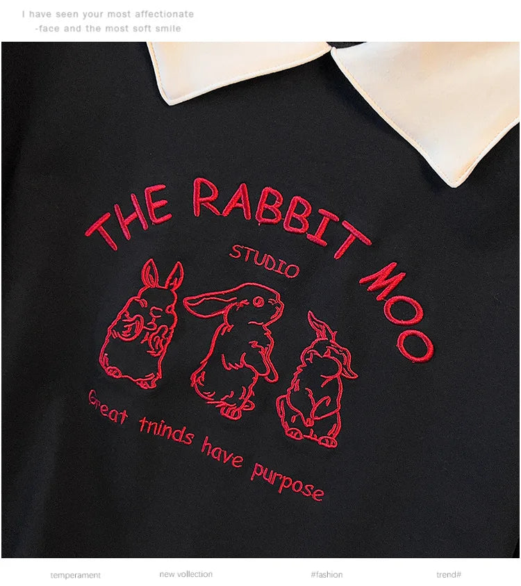 175kg plus size Damen büste Frühling Herbst loser Polo kragen Kaninchen besticktes Sweatshirt schwarz weiß 5xl 6xl 7xl 8xl 9xl