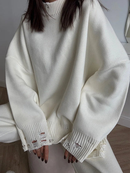 Bornladies Autumn Winter Women's New Turtleneck Knit Sweater Skinny Knit Pants Set Soft Oversized Ripped Hem Fashion Pullover.
