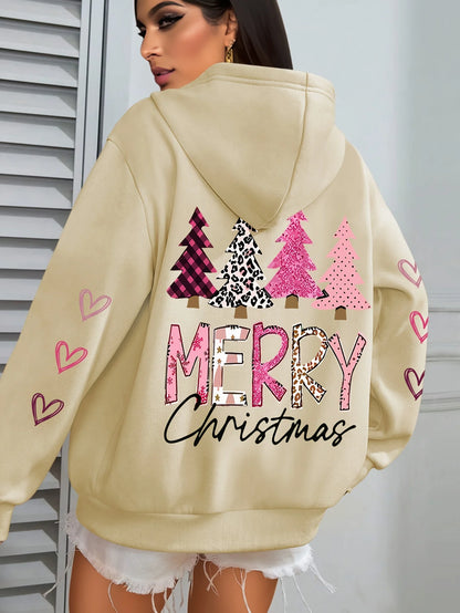 Merry Christmas And The Tree Printing Women Hooded Fashion Warm Comfortable Hooded Round Neck Casual Hoodies Fleece Soft Clothes.