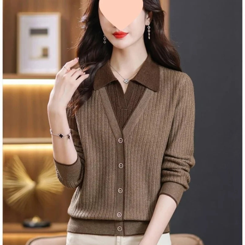 Gestrickte Frauen Top Lange Ärmeln Faux Zwei-Stück Pullover Frühling Herbst drehen-unten Kragen Modische Stilvolle Pullover Basis schicht Top.