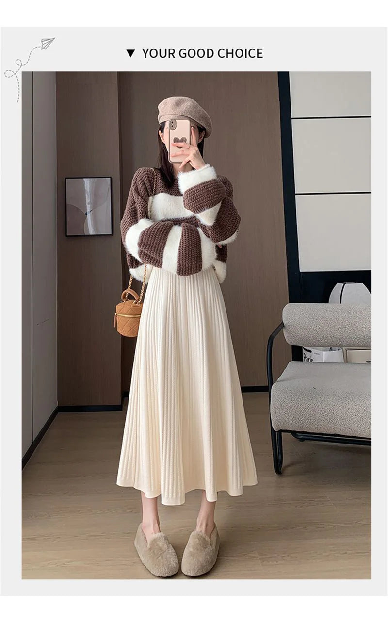 Sweet Vintage Knitted Long Skirts Women Preppy Style High Waist Loose A Line Skirts Fall Winter Retro Simple Elegant Long Skirts.