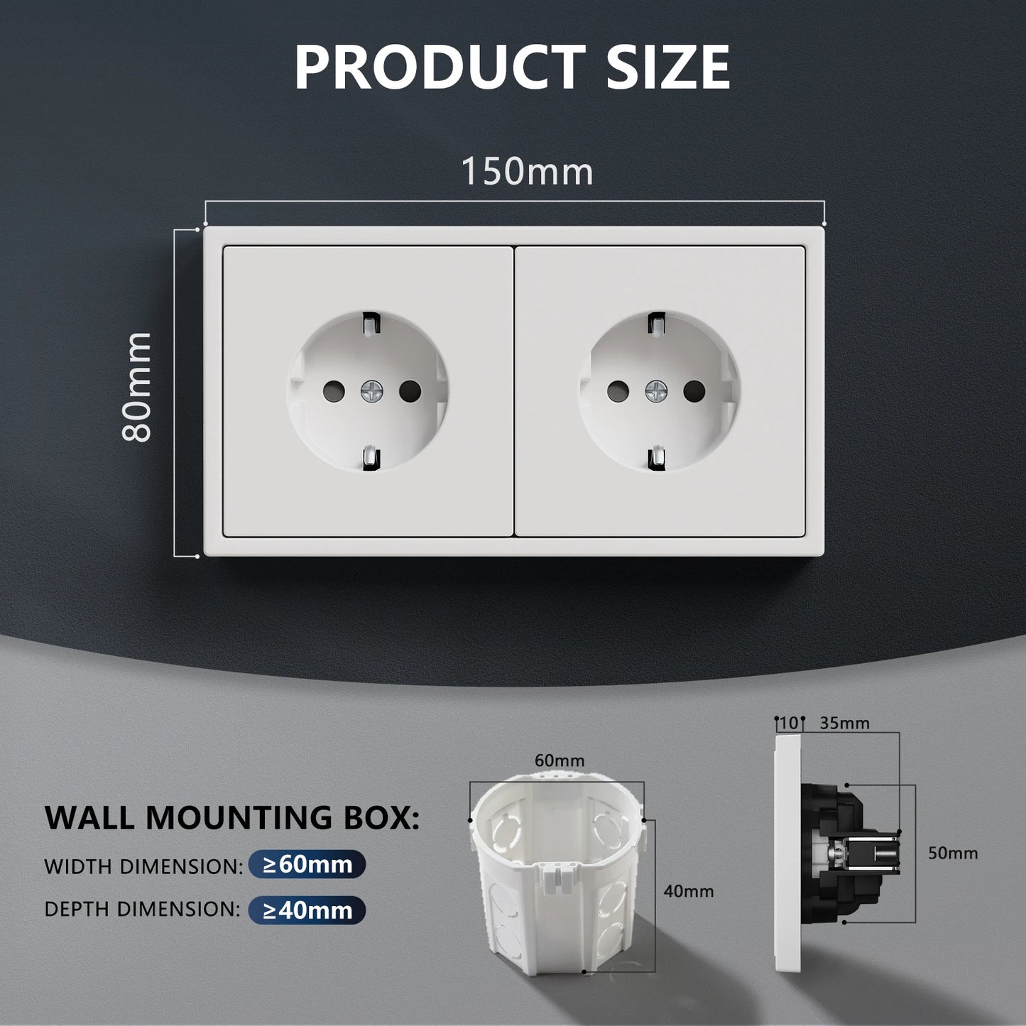 BSEED Einzel-EU-Steckdose, doppelwandige Steckdosen, dreifache Steckdosen, Kunststoffrahmen, 16 A, 80/150/220 mm Größe.
