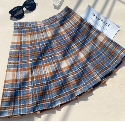 Plaid Woolen Blends Pleated Skirt For Women Fall Winter High Waist A-line Skirt Ladies Fashion Khaki Mini Skirts Vintage Female.