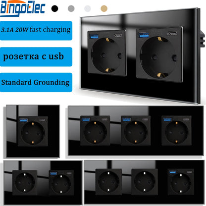 Bingoelec Wandsteckdose, Touch-Lichtschalter mit USB, 20 W, Typ C, Schnellladesteckdose, Glasscheibe, EU-Standard-Steckdosen.