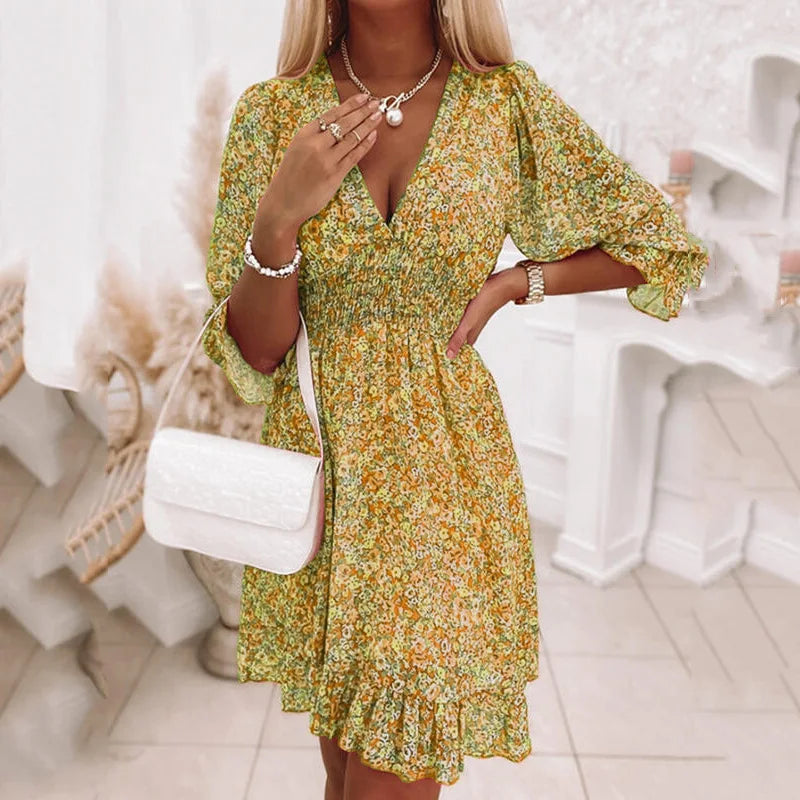 Blumendruck-Kleid für Damen, V-Ausschnitt, kurze Ärmel, A-Linie, elegantes Kleid, Damenpullover, Sommer, kurze böhmische Partykleider.