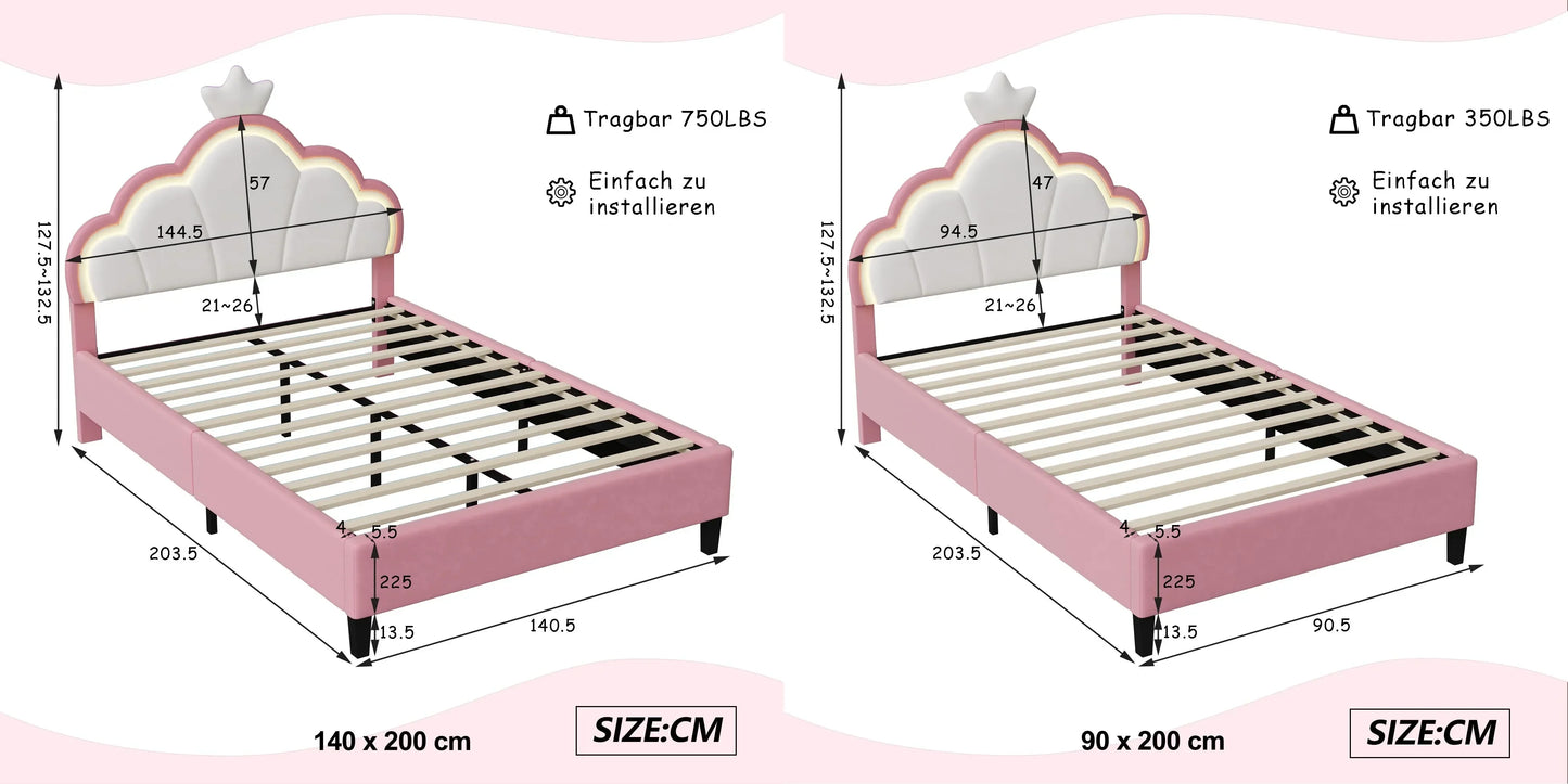 Lazyspace Samt-Polsterbett, LED-Kopfteil in Wolkenform mit dekorativer Krone, rosa Bettrahmen für Mädchen