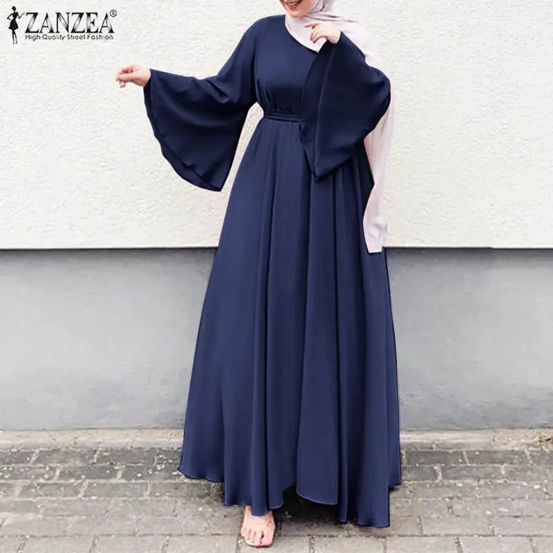 Frauen Lerisure Muslimischen Lange Kleid Übergroßen Vestidos ZANZEA 2023 Sommer Frühling Flare Ärmeln Soild Weibliche Türkische Robe Abaya