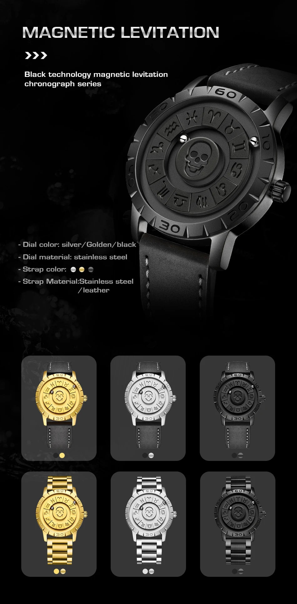 LIGE FOXBOX Unique Design Quartz Man Watch Simple Fashion Leather Belt Casual Sports Magnetic Srolling Beads Skull Men's Watches.