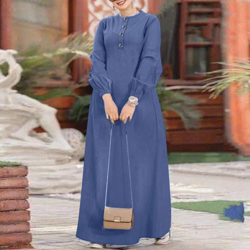 ZANZEA Muslim Women's Maxi Dress Islamic Hijab O Neck Half-Button Denim Blue Abaya Holiday Lantern Sleeve Loose Casual Vestidos