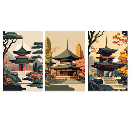 3pcs Frameless Japanese Natural Landscape Canvas Painting Black And Red Posters Vintage Ink Art Wall Prints For Living Room Home.