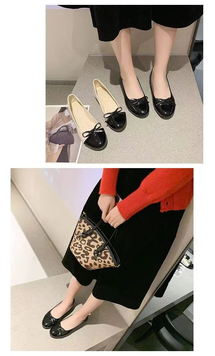Ballerina Women's Flat Shoes Comfort Non-slip Ladies Loafers Leather Flats Elegant Bowknot Women's Single Shoes Mother's Shoes.