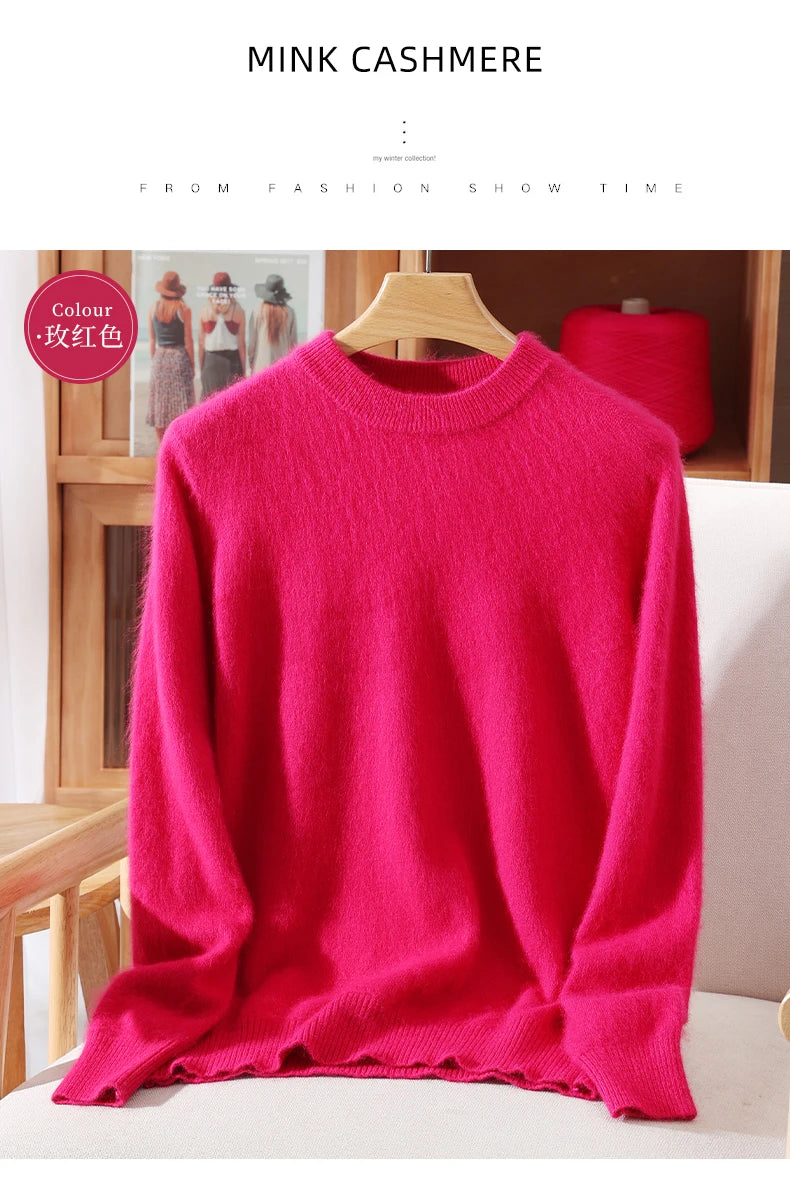 Women's Round-neck Mink Cashmere Sweater Soft Pullover Jumper Comfortable Knitted Top for Autumn Winter Pure Mink Material