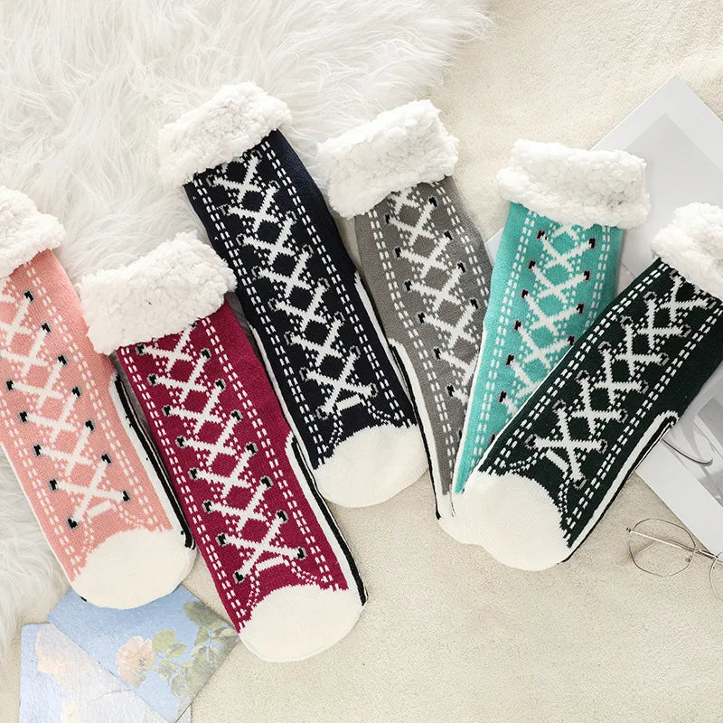 Fuzzy Fluffy Sock Women Winter Christmas Gift Warm Plush Non slip Home Sleeping Soft Female Floor Thermal Slipper Sock Snowflake.