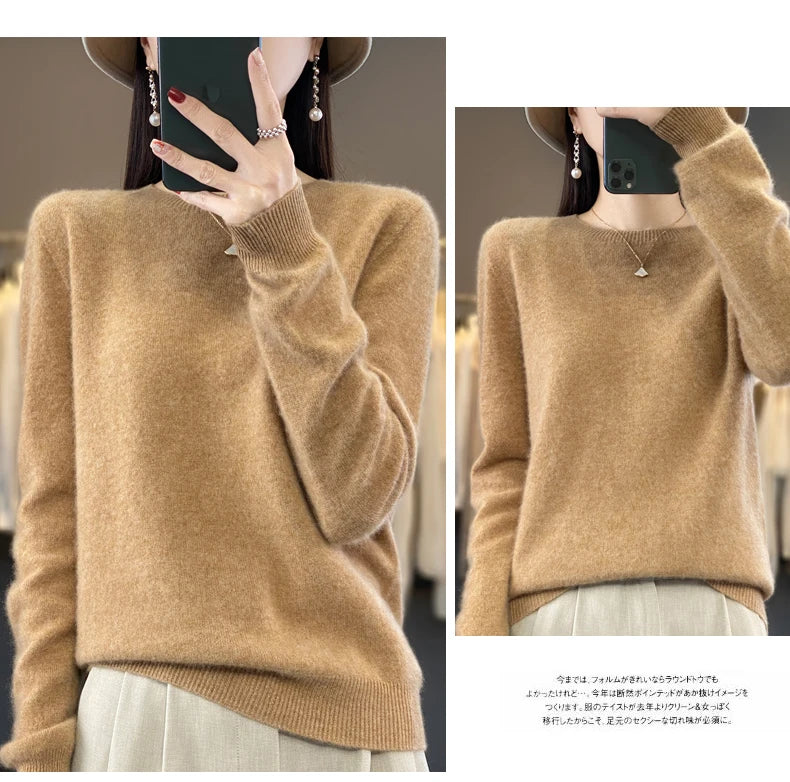 100% Merino Wool Sweater Women O-neck Cashmere Knitwear Female Pullover Autumn Winter Casual Tops Solid Color Soft  Clothing.