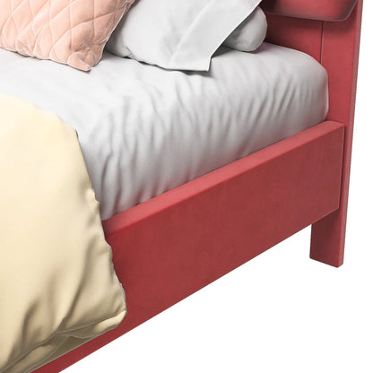 Rosahqnda Kinderbett 140 x 200 cm, Einzelbett, Kinderblütenblattbett, geeignet für Mädchenschlafzimmer, Beige, Weinrot, Samt