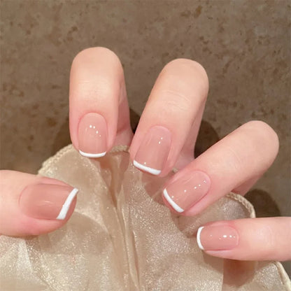24Pcs/Set White Peach Oolong Gentle French Press on Nail Blush Halo Short Frosted Wearing False Nails Removable Fake Nail Art