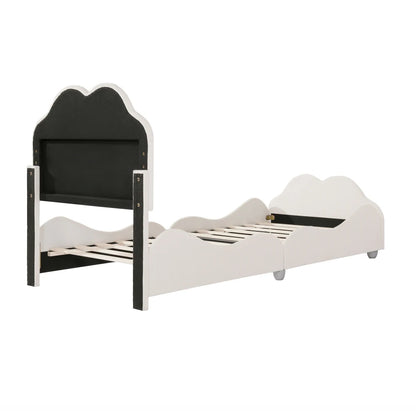 Kinderbett 90 x 200 cm hohes Geländer, Kinderbettgestell mit wolkenförmigem Kopf und Fußteil, Bett aus hautfreundlichem Samt