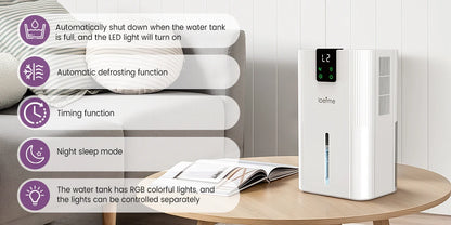 LOEFME Silent Dehumidifier 2.8L Large Air Dehumidifier 650ml/Day with Touch Display LED Light for Home Bedroom Office Basement.