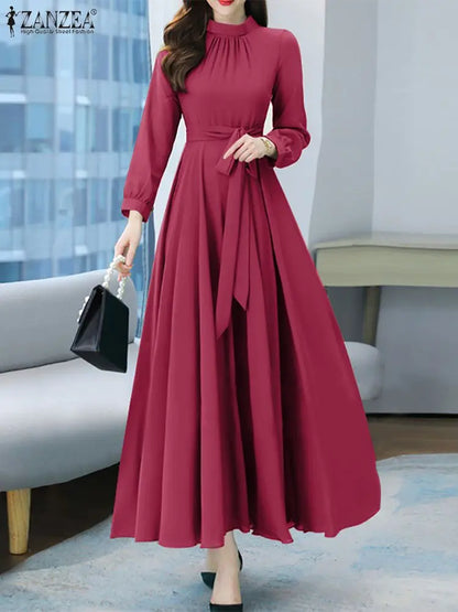 ZANZEA Women Long Sleeve A-line Sundress Spring Long Dress Autumn Solid Party Holiday Maxi Dresses Vestidos Femme Vintage Robe.