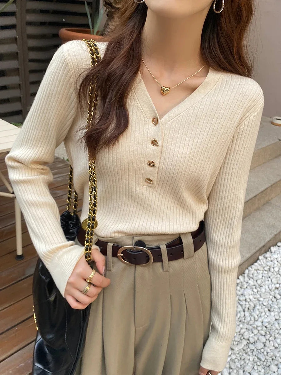 2023 herbst Winter Frauen Pullover Beiläufige Dünne Taste Gestrickte Pullover Pullover Femme Grundlegende Solide Jersey Tops Mode Kleidung.