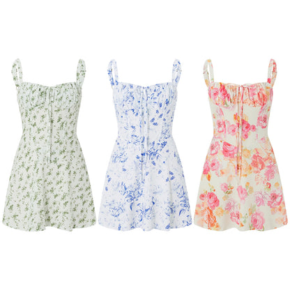 Combhasaki Damen-Kleid, elegant, Blumendruck, tief ausgeschnitten, zum Binden, ärmellos, Cami, figurbetont, Korsett, kurzes Kleid, Sommer, rückenfrei, Party, Clubwear.