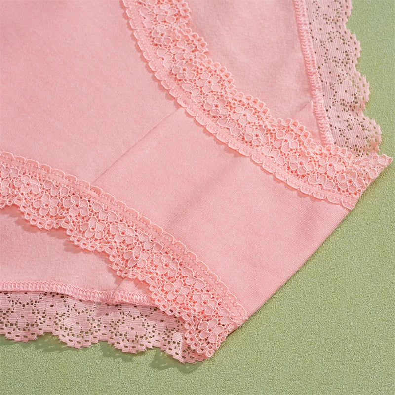 FINETOO 5Pcs Women Cotton Lace Underwear Sexy Seamless Breathable Panties Plus Size Mid-Waist Briefs Female Solid Soft Lingerie