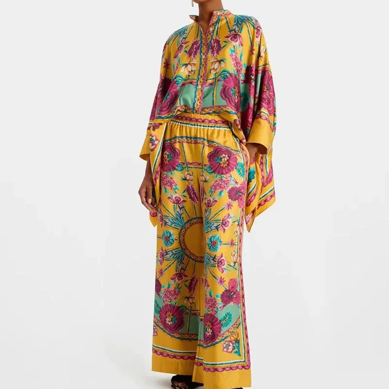 Retro Printed Loose Indie Folk Outfit Women Spring Stand Collar Button Irregular Top+Pant Set Fall Batwing Long Sleeve 2pcs Suit