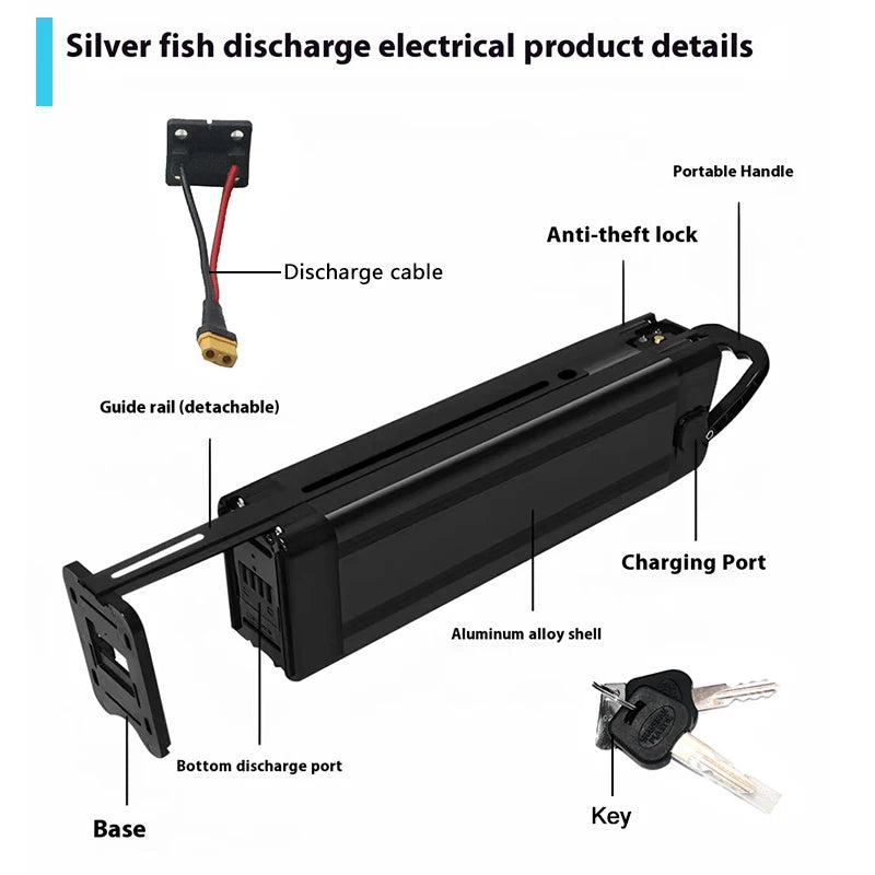 Silver Fish 36V/48V/52V/60V 10Ah 12Ah 15Ah 20A Lithium battery pack For 250W-1800W Folding E-two wheeler Handheld+3A XLR Charger.